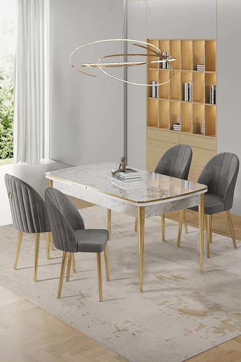 Rada Serisi 80x132 cm Açılabilir Beyaz Mermer Desen Masa, 4 Gri Sandalye, Gold Detay