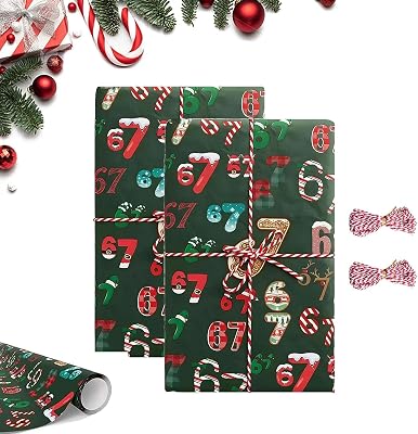 Obemary 67 Meme Christmas Gift Wrap, Kids Funny 67 Christmas Wrapping Paper, Birthday Xmas Santa Festive Present Wrapping Rolls2pcs Green, 20  36 in