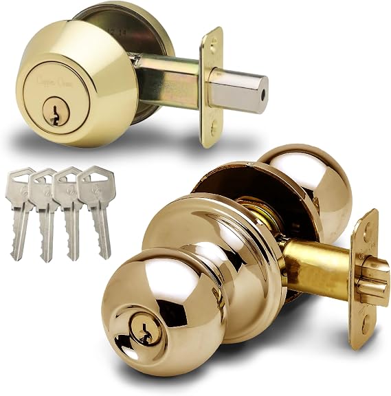 Copper Creek BKDB141PB Ball Door Knob Keyed Alike with Deadbolt Combination, Polished Brass