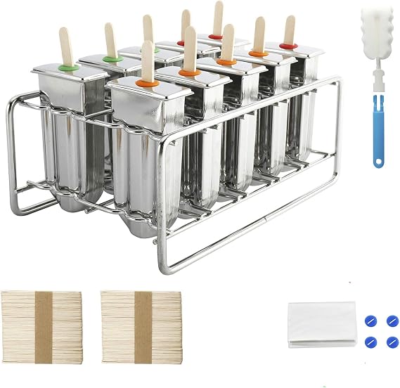 Stainless Steel Popside Molds Kit, 10 Ice Pop Makers Mold with Rack, 10 Silicone Seals, 100 Reusable Bamboo Sticks, 20 Pop Bags,Cleaning Brush