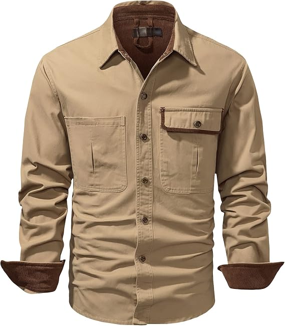 Men's Washed Long-Sleeved Cargo Shirt Lightweight Button Front Relaxed Fit Shirt Work wear 2 Pocket Shirt
