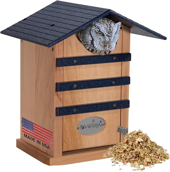 JCS Wildlife Screech Owl House Cedar Nesting Box with Poly Lumber Roof, Saw-Whet Owl Box for Outside, Drainage Ventilation, Easy Cleanout, Made in USA, Blue