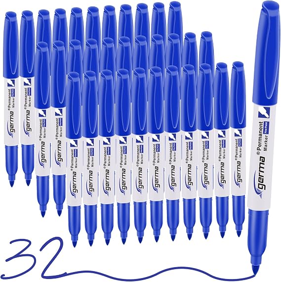 Cgerma Permanent Markers Fine Point, 32 Pack Blue Fine Tip Permanent Markers Set, Quick Drying, Fade Resistant, Works on Plastic, Wood, Stone, Metal and Glass For Home, Office, School