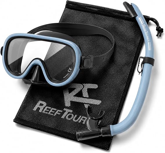 Exclusive Reef Tourer Mesh Bag Included Snorkeling Set For Adults and Children Ages 10 and Up/Children Ages 4-9 Panoramic Wide-View Snorkeling Mask + Wave Guard Snorkel RC0105