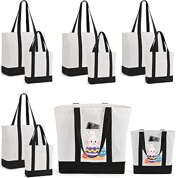 10Pcs Canvas Tote Bag Bulk with Outer Pocket, 12oz Cotton Blank Canvas Tote Bags 19 x 14.6Inch, 13 x 11Inch Reusable Grocery Bags Shopping Cloth Bags for Women, Graduation Favor (5 Set Large & Medium)