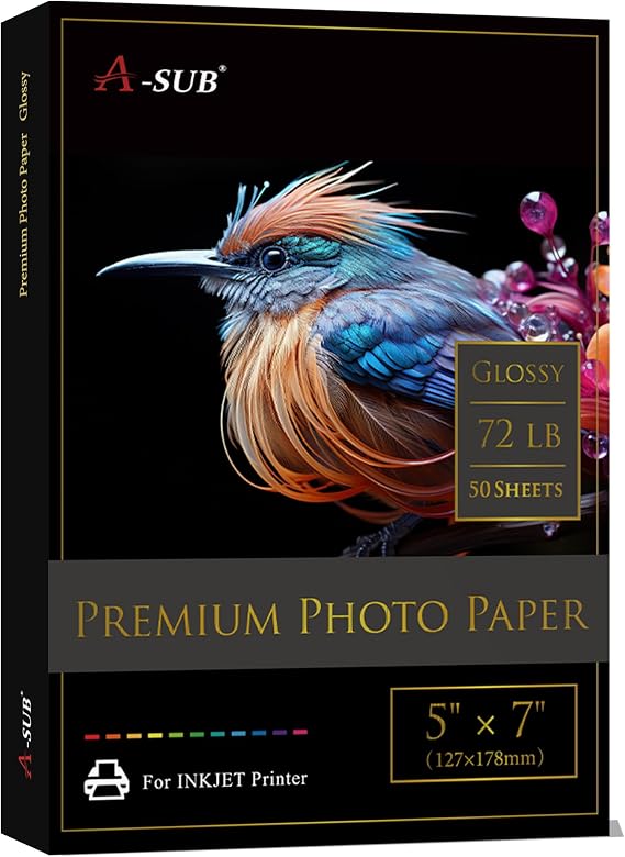 A-SUB RC Photo Paper High Glossy 5x7 Inch, 72lb | 50 Sheets, Single Sided, for Inkjet Printers, for Family Photos, Art Prints