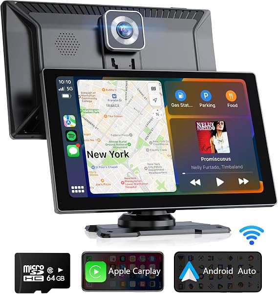 Wireless Apple Carplay Screen for Car 4K Dash Cam, 9 Inch Portable Apple Carplay & Android Auto Car Stereo with 64GB SD Card, GPS Navigation/Mirror Link/Voice Control//Bluetooth