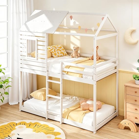GIANTEX Wood Bunk Bed Twin Over Twin, House Bed Frame with Ladder and Guardrail, Floor Bunk Bed with Wood Slats for Kids, Girls, Boys, Dormitory and Bedroom, No Box Spring Needed, White