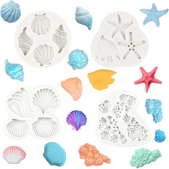 4 Pcs Seashell Conch Starfish Coral Silicone Mold Marine Theme Fondant Silicone Mold Marine Animal Baking Molds for Chocolate Candy Cake Cupcake Cookie Polymer Clay Crafting DIY Cake Decoration