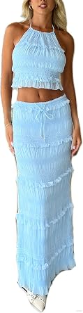 Womens Y2k Maxi Skirt Set Backless Lace Halter Crop Top and Long Skirt Sets Beach Cocktail Club Dress 2 PCS Outfit