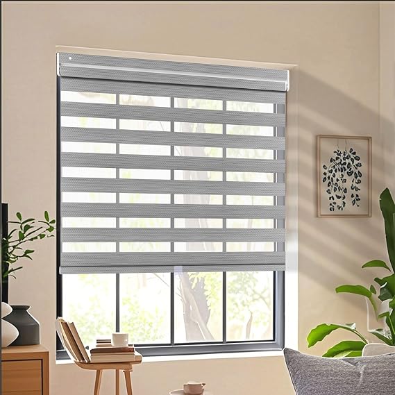 No Drill No Tools Cordless Zebra Blinds Dual Layer Sheer Roller Shades for Window Custom Size Blackout Privacy Window Blinds and Shades for Room Darkness, 53" W x 78" H, 95% Darkness Light Grey