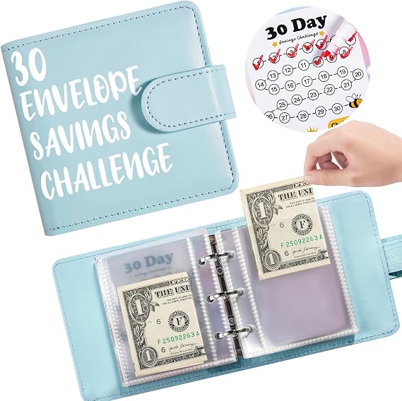 Drawelry Mini Money Saving Binder, 30 Day Envelopes Money Saving Challenge Binder, Portable Savings Book with Envelopes Stickers for Budgeting Planner Christmas Birthday Gift (Blue)