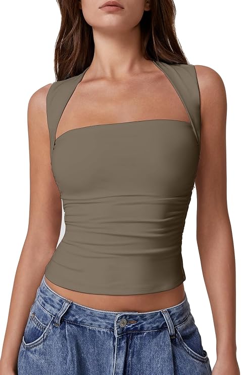QINSEN Women's Square Neck Slim Fit Tank Top