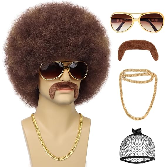 70S Mens Afro Wig for Disco Party, 5pcs Set (Glasses+ Necklace+ Mustache+ Wig Cap) Brown Mix Blonde Afro Curly Hippie Rocker Wigs for 70S 80S Costume Halloween Cosplay Use