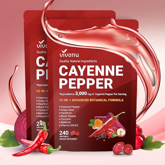 VivoNu 12-in-1 Cayenne Pepper Softgels Supplement, 480 Capsules (2 Bags)