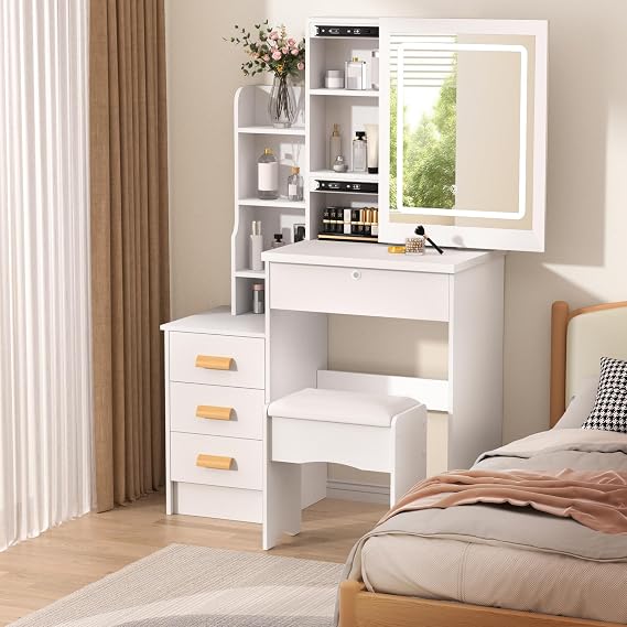 Vanity Desk with LED Lighted Mirror, Makeup Vanity Desk with Lights, Makeup Table with 4 Drawers & 7 Shelves, Dressing Makeup Table Set for Bedroom,Bathroom, 3 Lighting Modes& Adjustable (White)