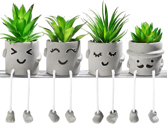 Creative Artificial Succulent Plants with Pots - 4 Pieces Mini Fake Plant Faux Succulent Emotional Cement Potted for Home Desk Shelf Kitchen Bathroom and Offices Decor Gift Set(4 PCS)