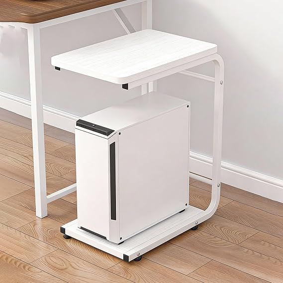 Computer Tower Stand with Wheels, Mobile PC Case Base, 2-in-1 Storage Shelf for Printer & Desktop Computer(White -B)