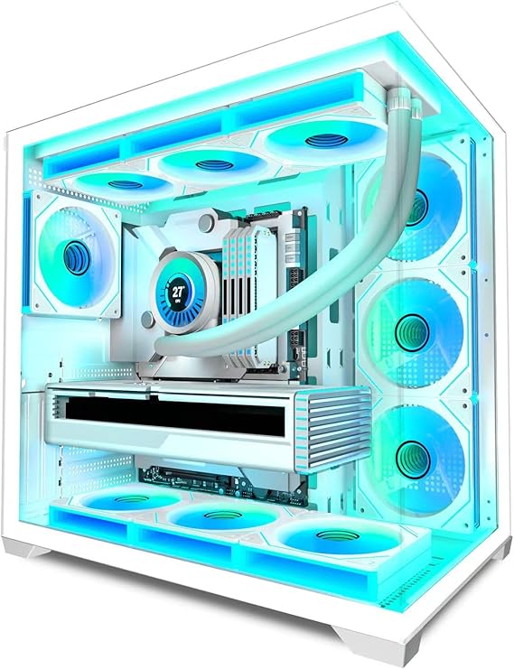 ATX PC CASE Pre-Installed 7 ARGB Fans, Panoramic Tempered Glass, White desktop Gaming Computer Case,360MM RAD Support,Fits up to 10x 120mm Fans, Reverse Connection Motherboard Compatible