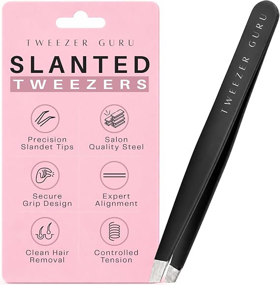 Tweezer Guru Tweezers for Women Facial Hair & Men Precision Slant-Pointed Eyebrow Tweezer for Ingrown Hair, Blackhead & Splinter Removal (Black)