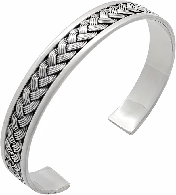 Men's Silver Bracelet Bangle Open Cuff Braided Details - Made From Solid 925 Sterling Silver