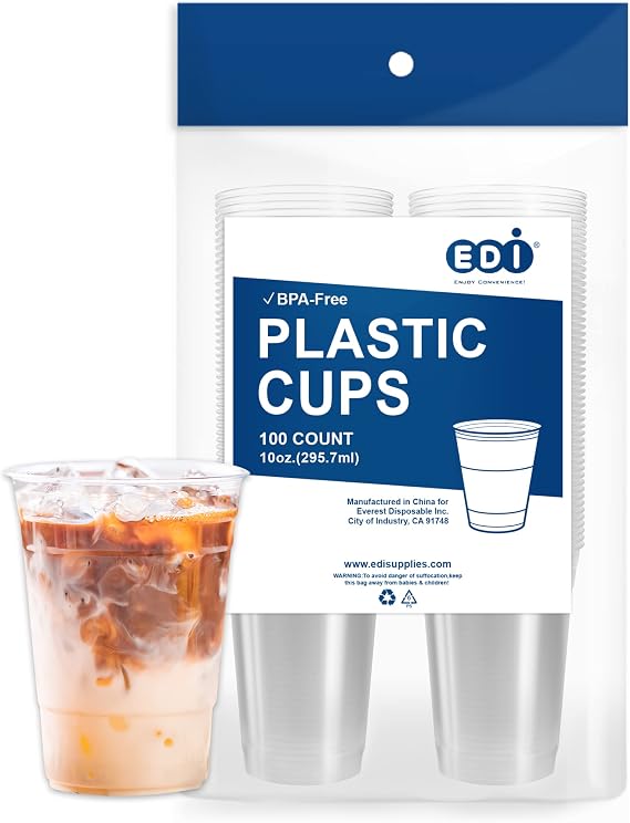 EDI 10 oz Clear Disposable PET Plastic Cups - Durable, Crack-Resistant, BPA Free, Stackable, 100 Pack