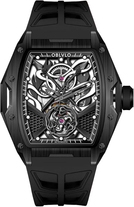 OBLVLO Luxury Skeleton Automatic Watch, Black Rubber Strap, Silver Tone Case