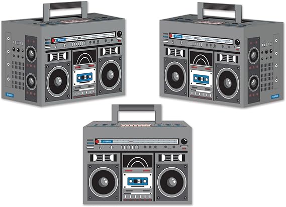 Beistle Boom Box Trinket Boxes 3-Pack 80s Party Cardstock Treat Holders with Retro Stereo Print, DIY Assembly Required for Music-Themed Birthdays, Reunions, and Throwback Party Decorations, 4" x 534"