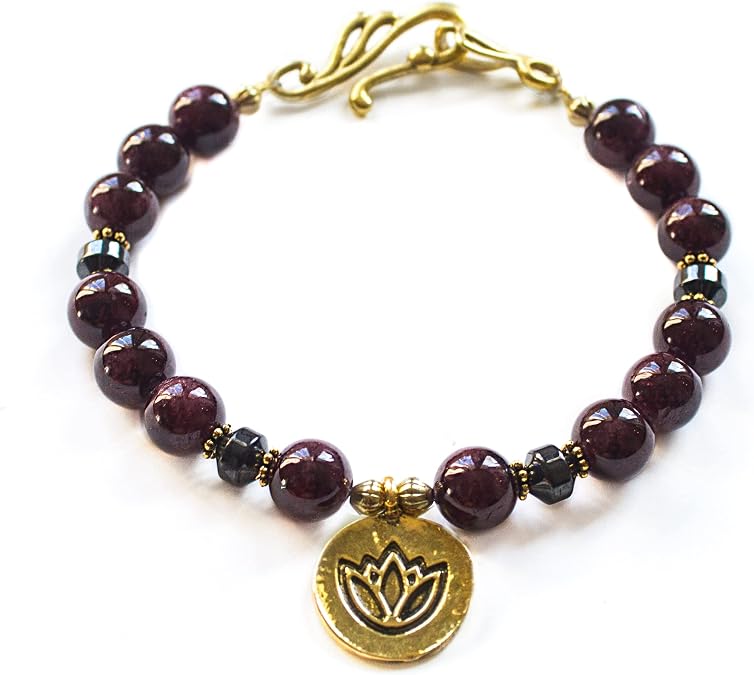 EMPOWERMENT BRACELET; for grounding, garnet and hematite bracelet, garnet jewelry, january birthstone, hematite bracelet, lotus pendant