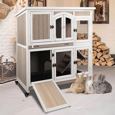 Rabbit Hutch Indoor and Outdoor 2-Story Rabbit Cage with Pull Out Tray,Fir Wood Pet House with Wooden Ramp,Waterproof Bunny Cage Indoor with 2 Asphalt Roofs,Grey 19.7 L x 42.7 W x 47.2 H-P33