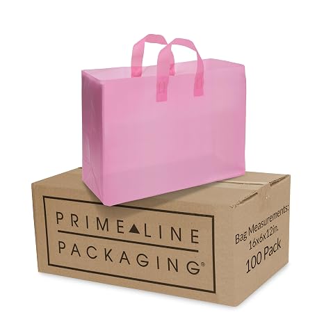 Prime Line Packaging Pink Bags with Handles, Frosted Bags, 16x6x12, 100 Ct