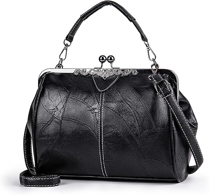 Women Vintage Hollow Handbag Oil Leather Shoulder Crossbody Bag Clutch Satchel Purse with Kiss Lock Closure