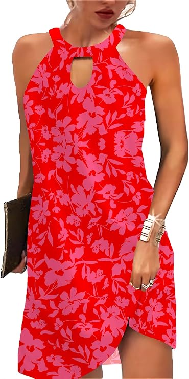 Kubsid Halter Dresses for Women 2026 Casual Floral Print Summer Dresses Hollow Out A-line Sundresses for Beach Vacation