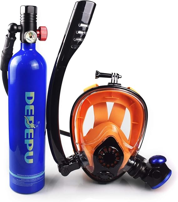 DEDEPU Scuba Cylinder Full Face Diving Mask Size L/XL Scuba Oxygen 1L Tank Blue Color with Manual Oxygen Pump