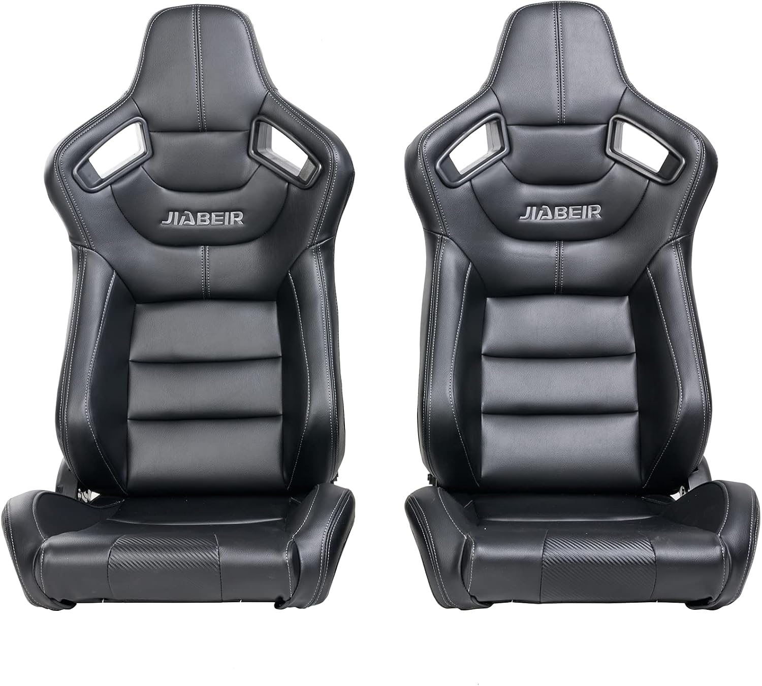 Universal Black PVC Main Leather Gray Stitch LeftRight Racing Bucket Seats PAIR Have JIABEIR Logo Come With Dual Lock Slider Not Including Seat Bracket