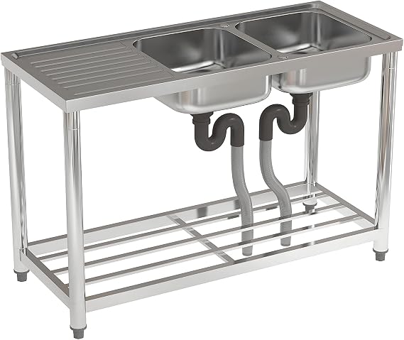 120x50x80cm Commercial Restaurant Sink Stainless Steel Restaurant Kitchen with Storage Shelf, Double Bowl Catering Sink with Drain Free Standing Outdoor for Kitchen Bar(No Tap)