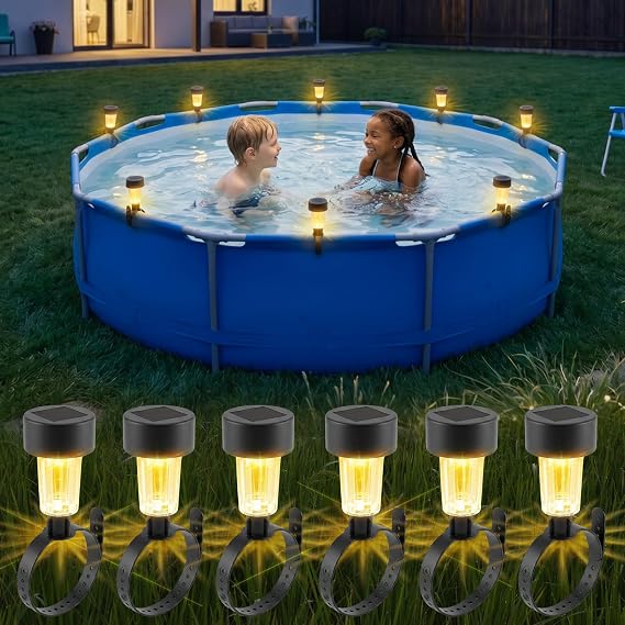 Lustaled Solar Pool Lights for Above Ground Pool, 6-Pack Warm White Pool Lights with Adjustable Strap & Light Sensor, Waterproof Swimming Pool Accessories for Frame Pools Fence Camping Garden Decor
