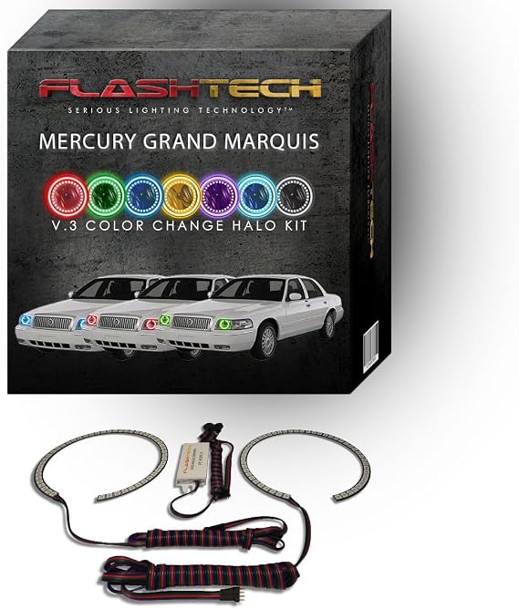 Flashtech RGB LED Halo Ring Accent Light Components Compatible with Mercury Grand Marquis (2006-2011) - Upper Front Accent Set - Color-Changing