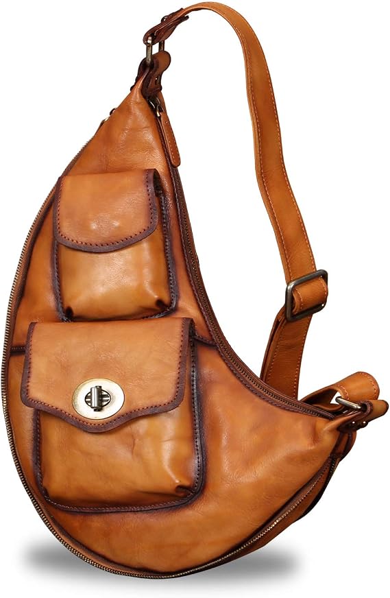 Genuine Leather Large Sling Bag for Men and Women Vintage Real Leather Sling Backpack Shoulder Crossbody Bag Chest Bag