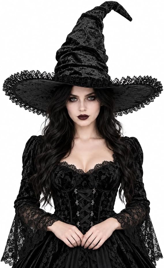 JPXH Women's Ruched Witch Hat with Lace Trim, Wide Brim Halloween Costume