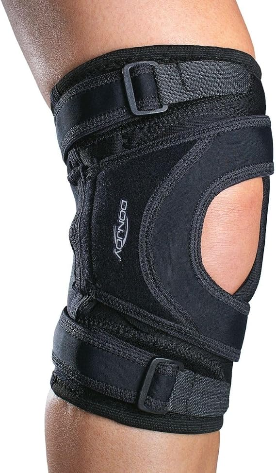DonJoy Tru-Pull Lite Knee Brace for Patella Instabilities & Dislocations with Bifurcated Strap & Dual-Durometer Buttress | Black | LEFT LEG, Large