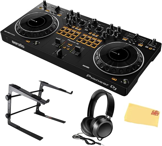 Pioneer DJ DDJ-REV1 Scratch-Style 2-Channel DJ Controller for Serato DJ Lite - Black Bundle with Laptop Stand, Headphones and, Austin Bazaar Polishing Cloth