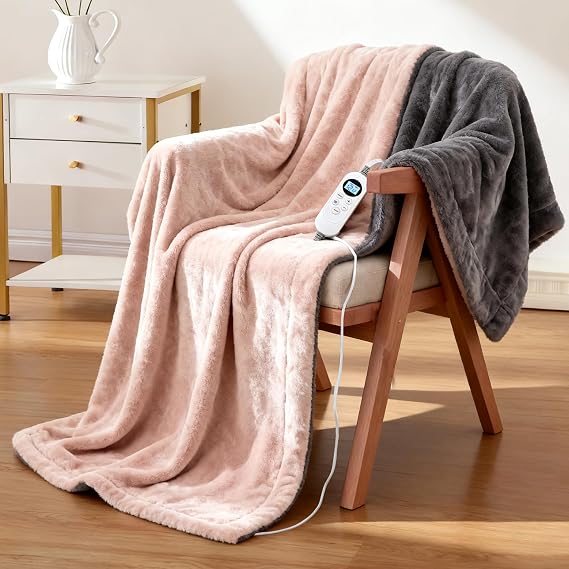 Eastsora Heated Blanket Electric Blanket Heating, Dual Control Soft Ribbed Faux Fur Electric Blanket with 12 Heat Levels 12H Timer ETL FCC Certified Machine Washable (Pink+Gray, Single - 50" x 60")