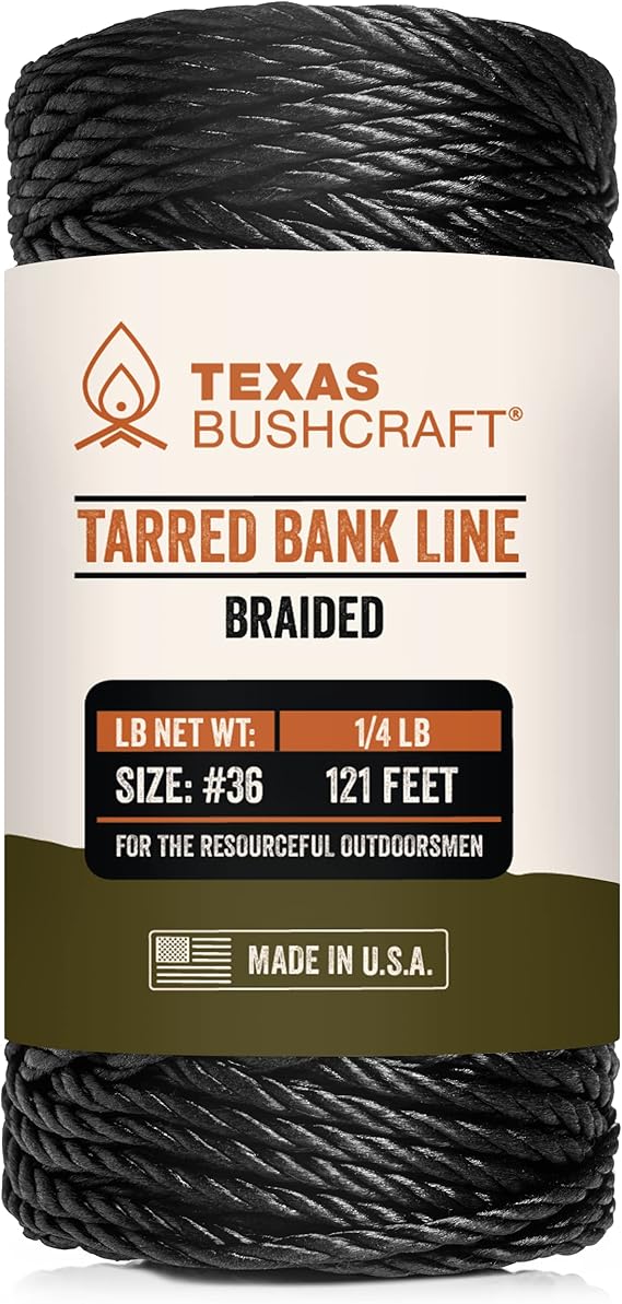 Texas Bushcraft Tarred Bank Line Twine - #36 Black Nylon String for Fishing, Camping and Outdoor Survival Strong, Weather Resistant Bankline Cordage for Trotline