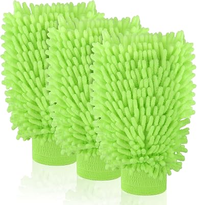 3 Pack Chenille Microfiber Car Wash Mitt, 7 x 9.6 Car Washing Mitts, Home Dusting Gloves, Scratch Free Lint-Free, Highly Absorbent, Double Sided, for Cleaning Detailing Polish Green