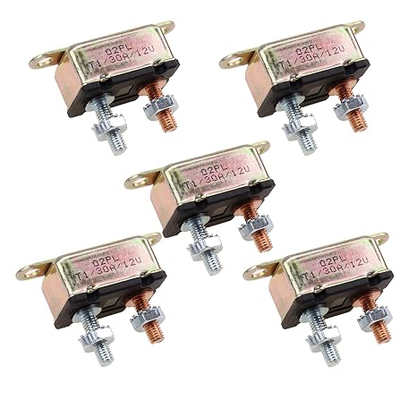 12V Universal Automatic Reset Stud Type Circuit Breaker 30A, Lengthwise Bracket 5Pack (30A)