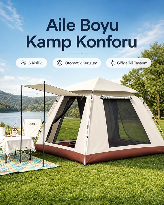 Aile Boyu 6 Kişilik Otomatik Çadır – Piknik, Tatil Ve Kamp Için Geniş Tasarım(Bej)
