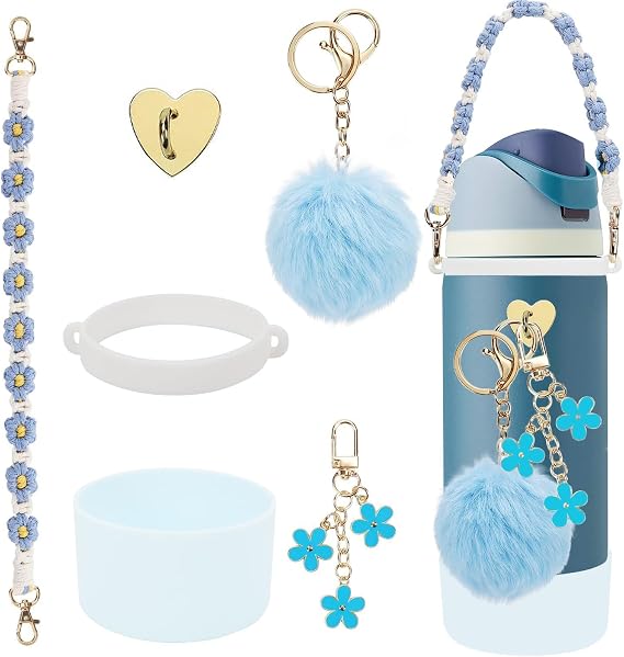 6Pcs Cup Accessories Set for Owala Water Bottle 40oz, 1Pcs Water Bottle Handle Strap, 1Pcs Siliocne Cup Boot, 3Pcs Charms for Owala Kids, Owala Coffee Tumbler, Owala FreeSip-Blue