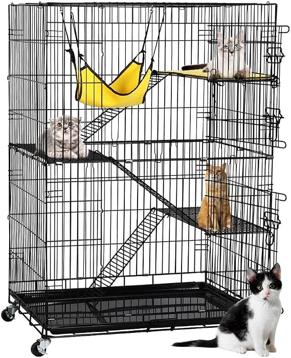 Yaheetech 49'' Collapsible Cat Cage 4-Tier Metal Cat Kennel Ferret Enclosure Chinchilla Cage with Rotating Casters/Ramp/Ladders/Hammock for Indoor Kitten