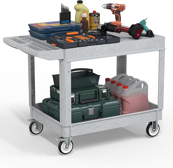 Heavy Duty Plastic Utility Cart with Wheels, Rolling Flatbed Tool Cart on Wheels, Service Cart for Garage, Warehouse, Workshop, Office, Cleaning (Gray-45.7 inch)